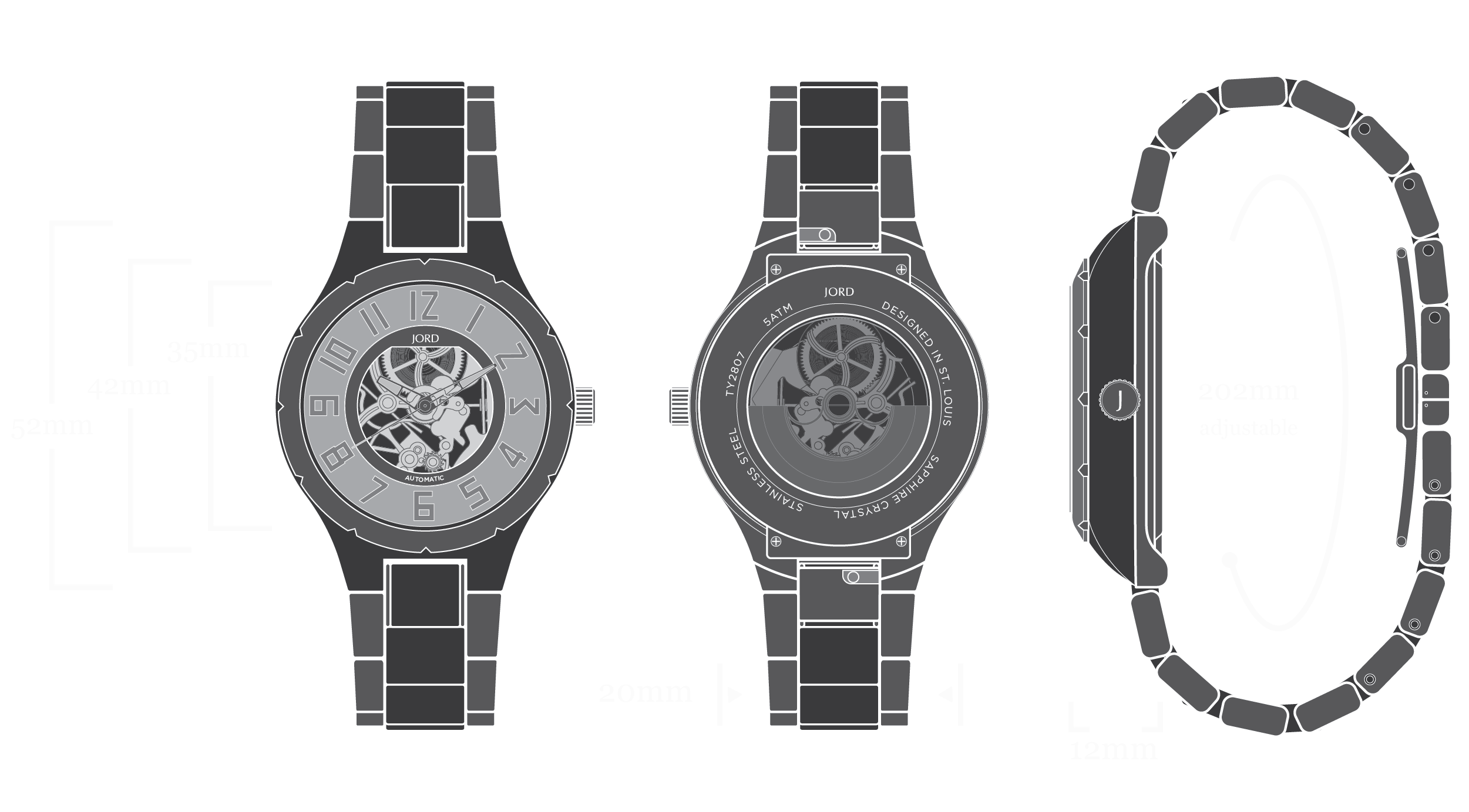 Dover II - Walnut & Gunmetal Watch Diagram